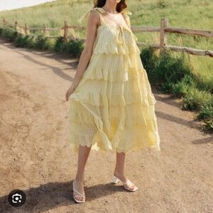 Mable Yellow Gingham Scalloped Ruffle Maxi Dress Size Small